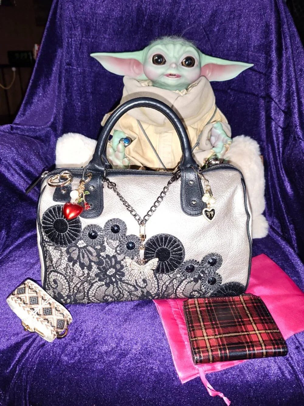 Frosting by Mary Norton Gold Leather and Lace Barrel Bag & Patricia Nash Wallet